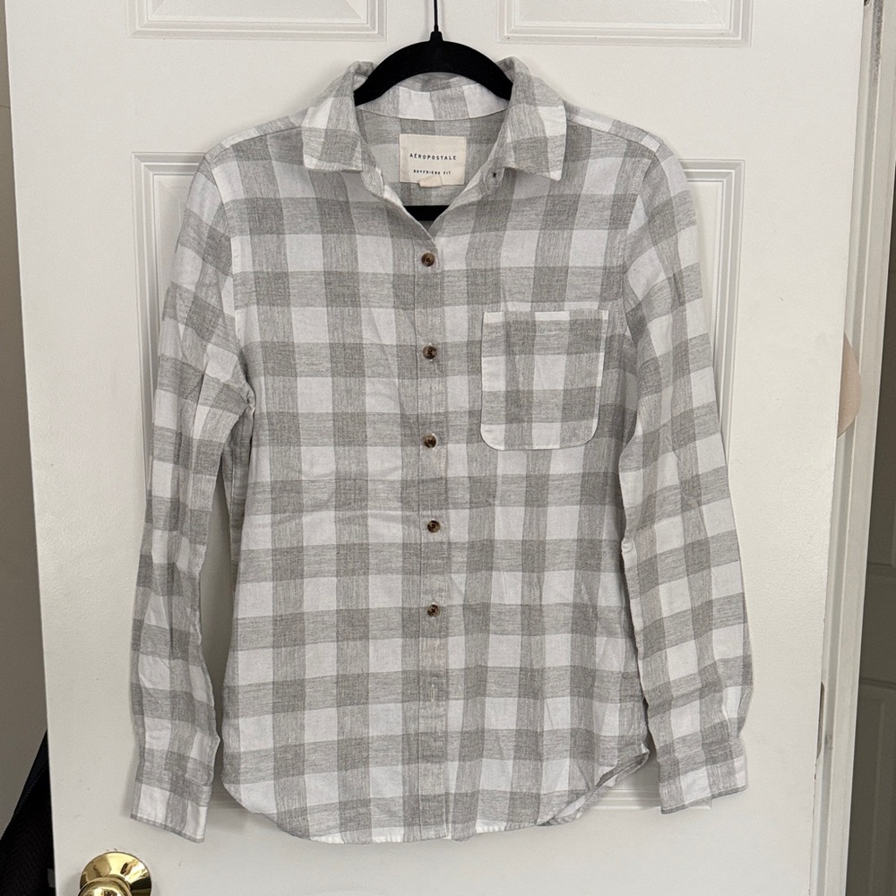 Gray and White Plaid Button-Up Shirt